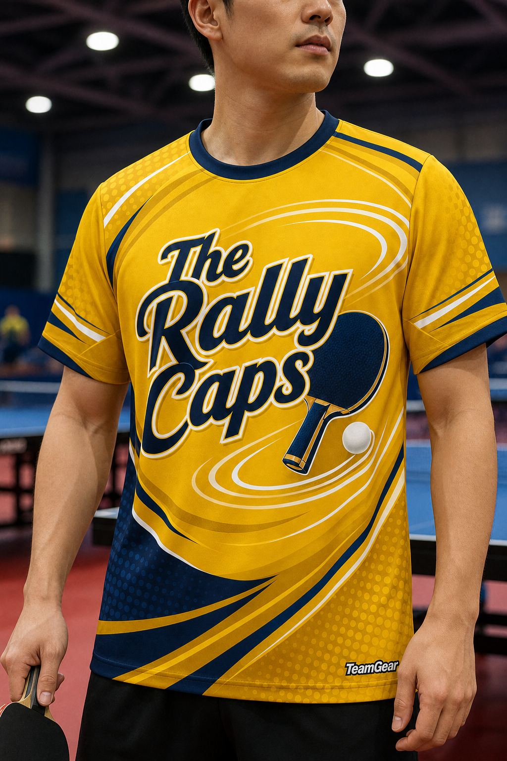 The Rally Caps Gold Table Tennis Jersey — custom table tennis jersey worn on model — TeamGear Canada