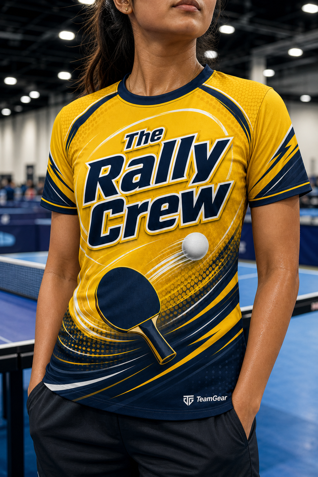 The Rally Crew Gold Table Tennis Jersey — custom table tennis jersey worn on model — TeamGear Canada