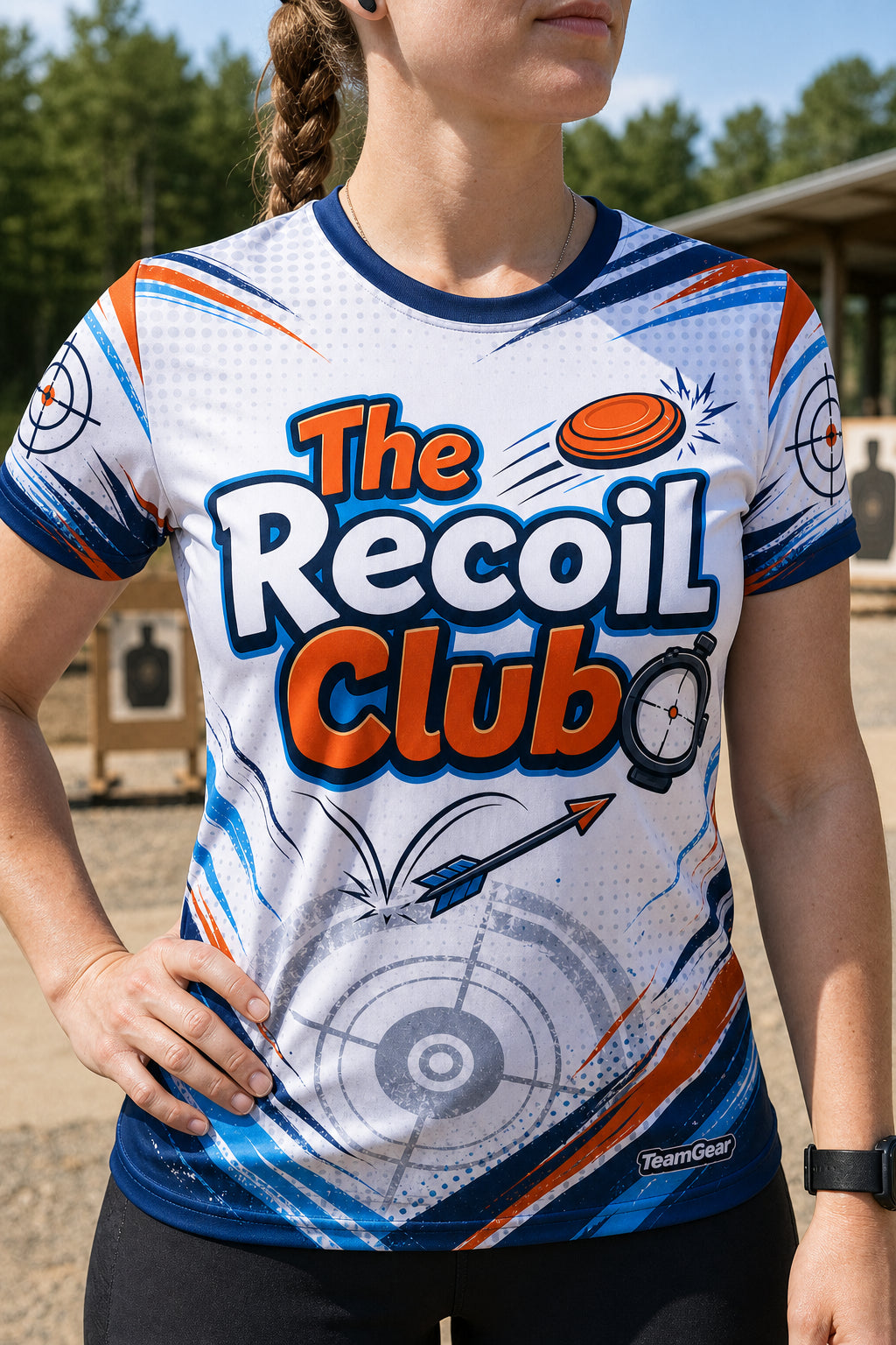 The Recoil Club White Shooting Jersey — custom shooting jersey worn on model — TeamGear Canada