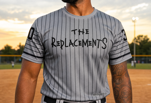 The Replacements Grey Pinstripe Softball Jersey — custom softball jersey worn on model — TeamGear Canada