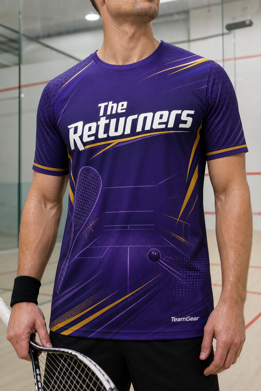 The Returners Purple Squash Jersey — custom squash jersey worn on model — TeamGear Canada