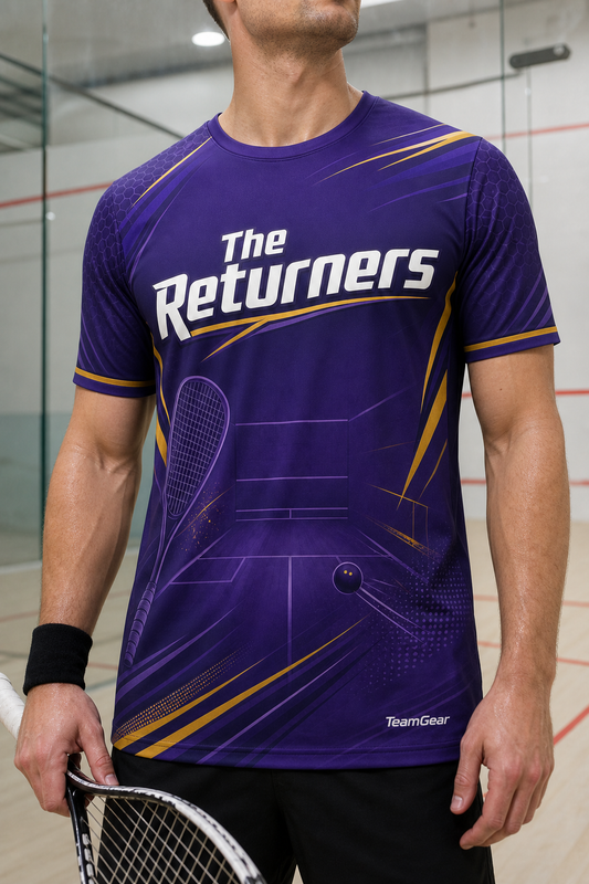 The Returners Purple Squash Jersey — custom squash jersey worn on model — TeamGear Canada
