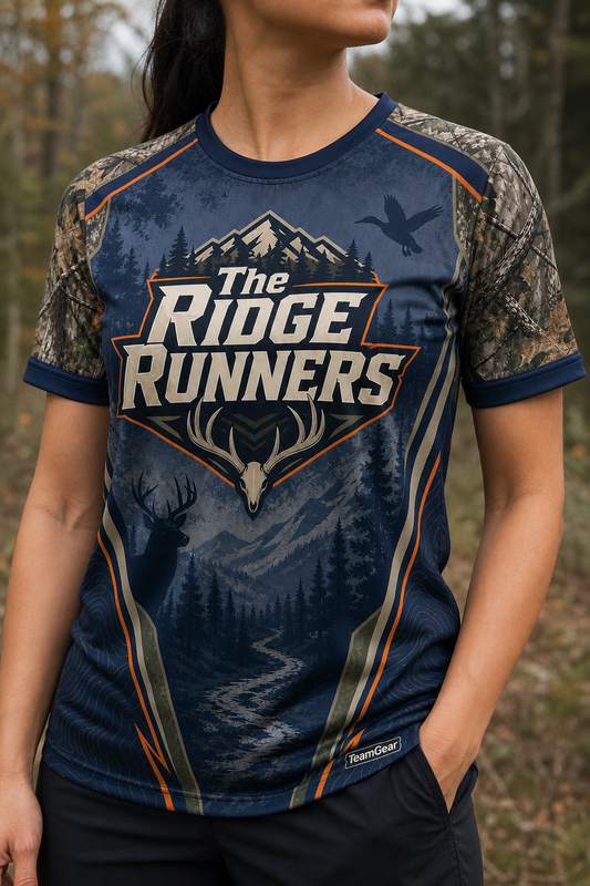 The Ridge Runners Navy Hunting Jersey — custom hunting jersey worn on model — TeamGear Canada
