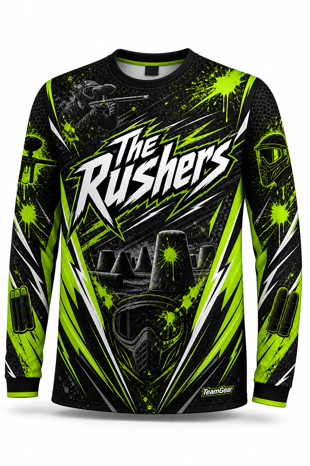 The Rushers Lime Long Sleeve Paintball Jersey - front and back view