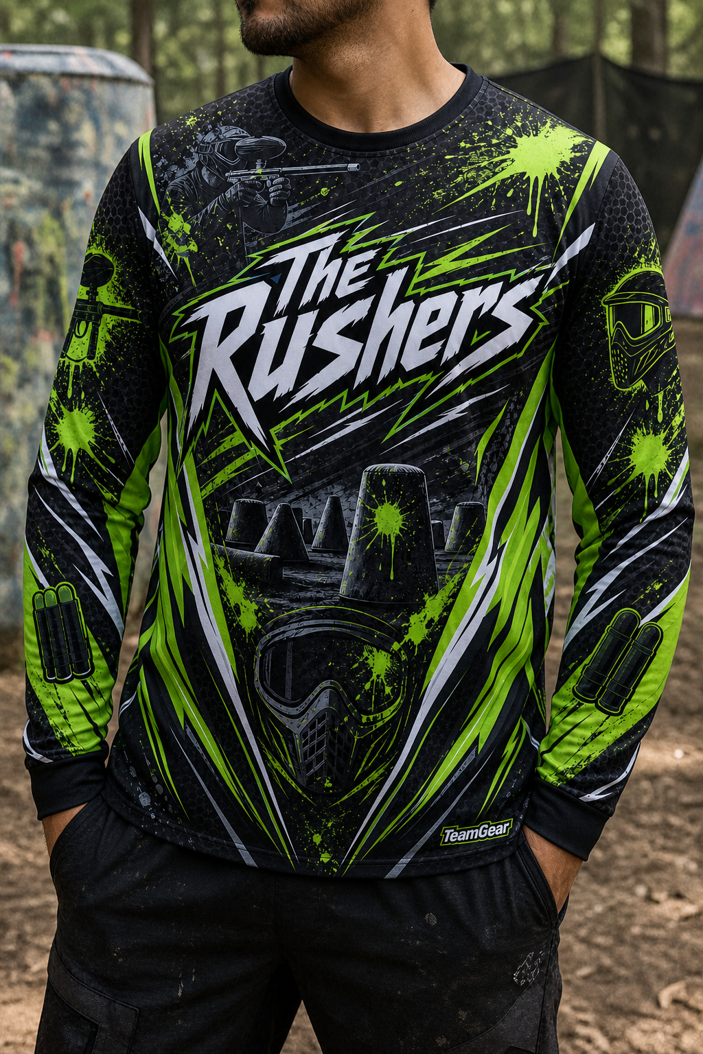 The Rushers Lime Long Sleeve Paintball Jersey — custom paintball jersey worn on model — TeamGear Canada