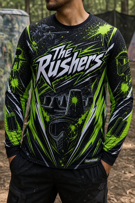 The Rushers Lime Long Sleeve Paintball Jersey — custom paintball jersey worn on model — TeamGear Canada