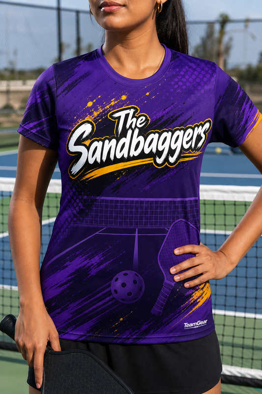 The Sandbaggers Purple Pickleball Jersey — custom pickleball jersey worn on model — TeamGear Canada