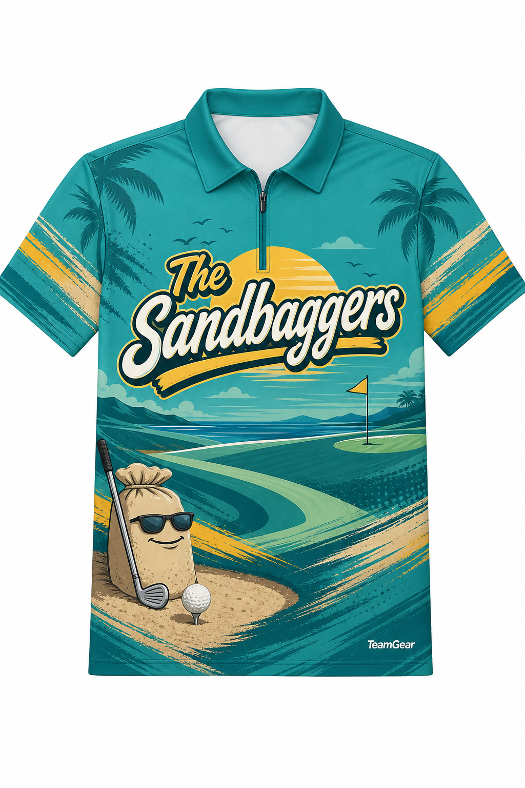 The Sandbaggers Teal Golf Polo design