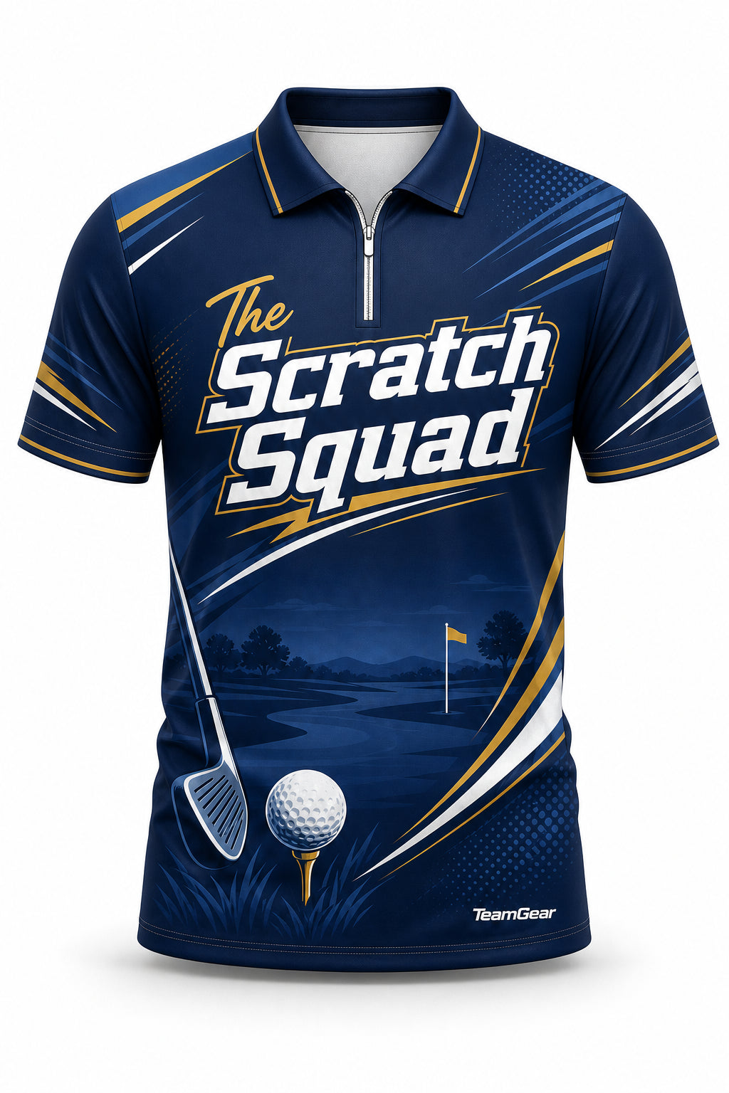 The Scratch Squad Navy Golf Polo - front and back view