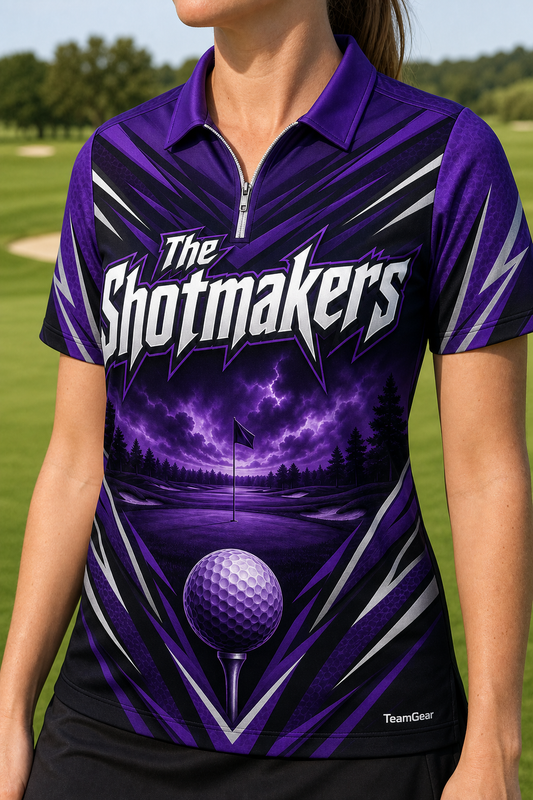 The Shotmakers Purple Golf Polo — custom golf team apparel worn on model — TeamGear Canada