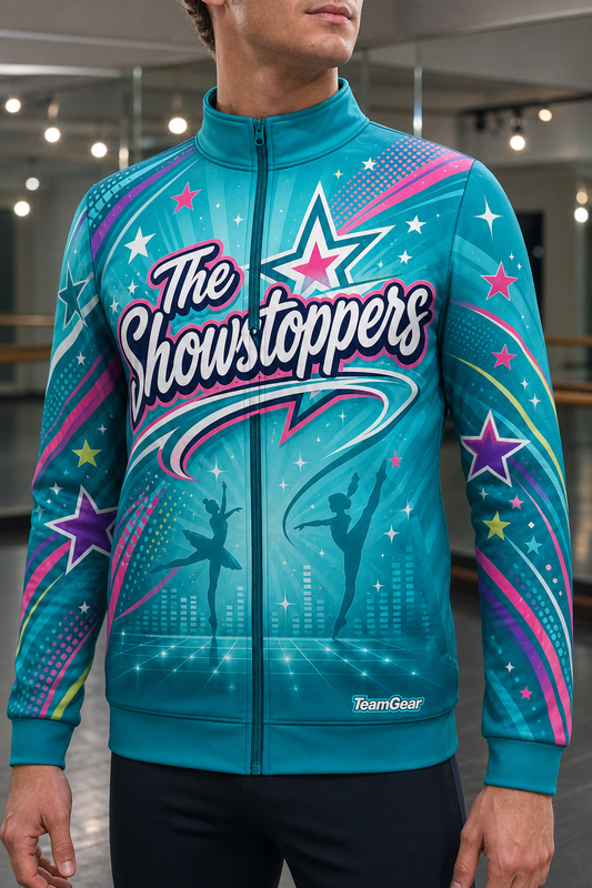 The Showstoppers Teal Dance Jacket — custom dance jacket worn on model — TeamGear Canada