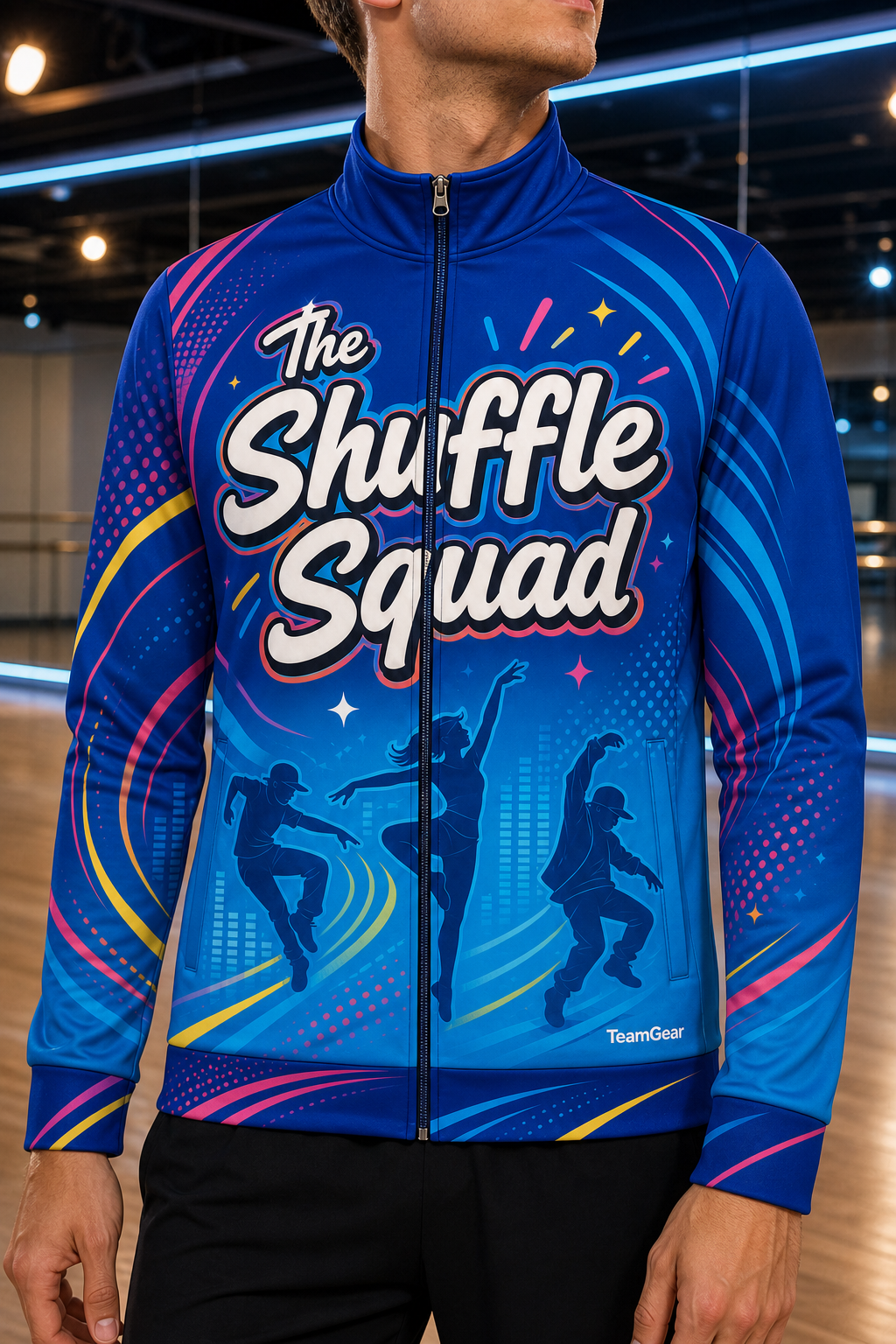 The Shuffle Squad Blue Dance Jacket — custom dance jacket worn on model — TeamGear Canada
