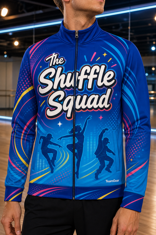 The Shuffle Squad Blue Dance Jacket — custom dance jacket worn on model — TeamGear Canada