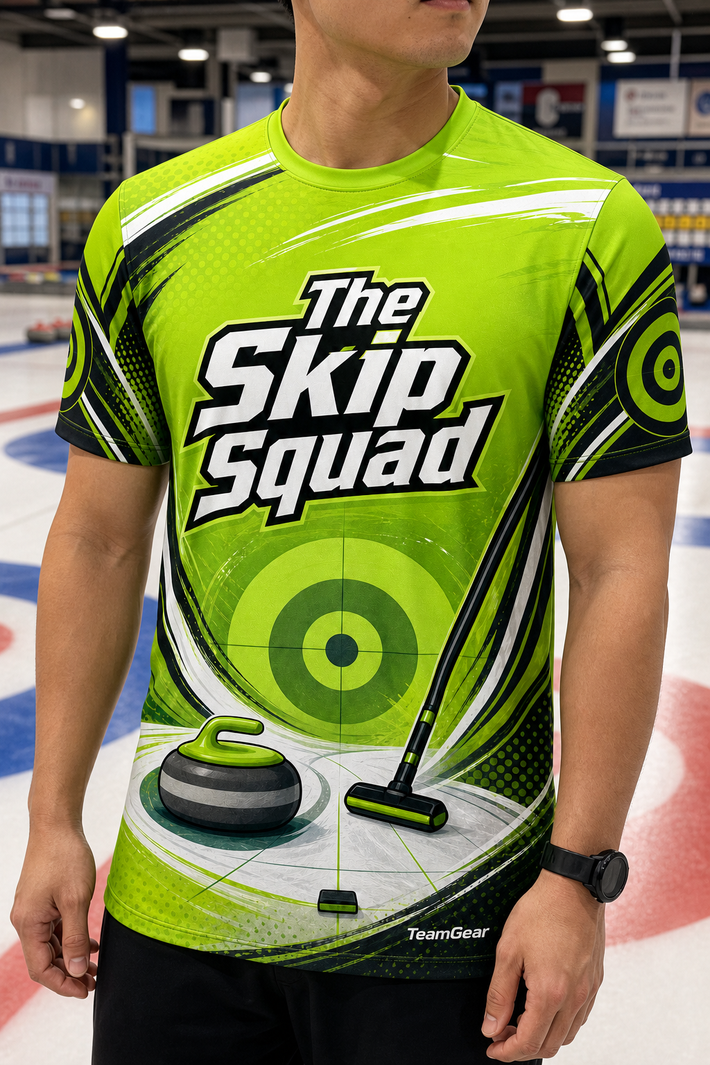 The Skip Squad Lime Curling Jersey — custom curling jersey worn on model — TeamGear Canada