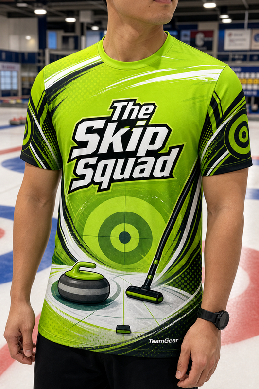 The Skip Squad Lime Curling Jersey — custom curling jersey worn on model — TeamGear Canada