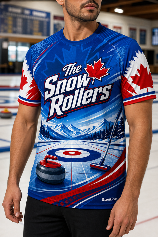 The Snow Rollers Blue Curling Jersey — custom curling jersey worn on model — TeamGear Canada