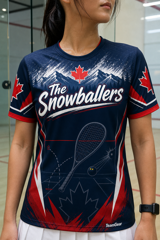 The Snowballers Navy Squash Jersey — custom squash jersey worn on model — TeamGear Canada