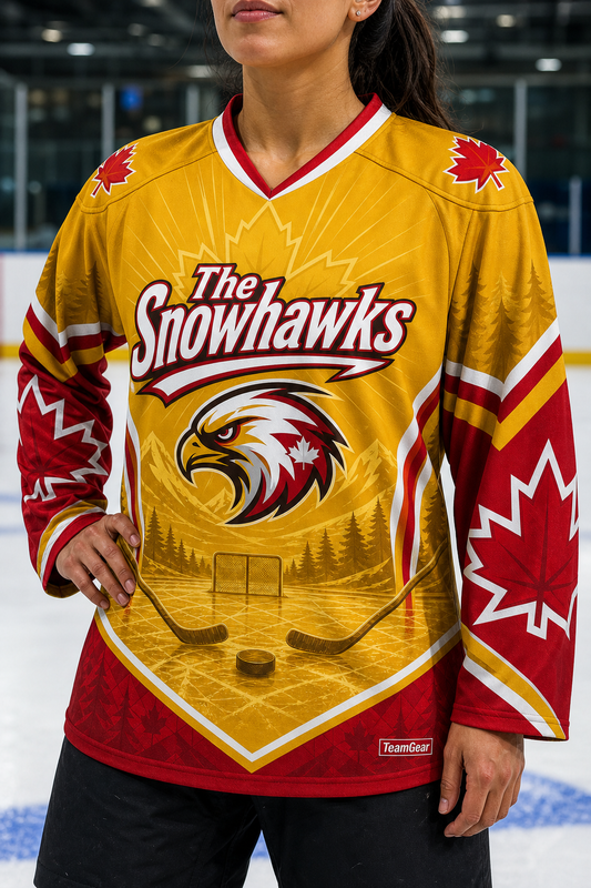 The Snowhawks Gold Hockey Jersey — custom hockey jersey worn on model — TeamGear Canada