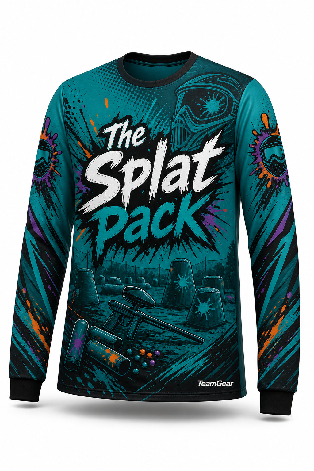 The Splat Pack Teal Long Sleeve Paintball Jersey - front and back view