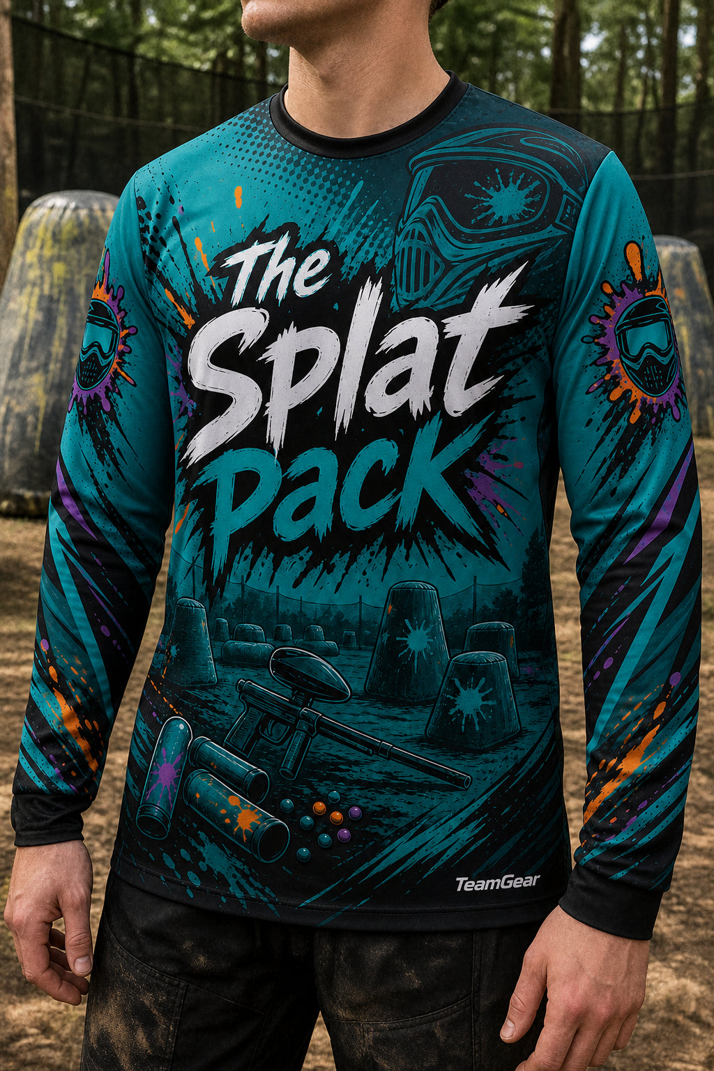 The Splat Pack Teal Long Sleeve Paintball Jersey — custom paintball jersey worn on model — TeamGear Canada