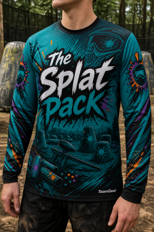 The Splat Pack Teal Long Sleeve Paintball Jersey — custom paintball jersey worn on model — TeamGear Canada