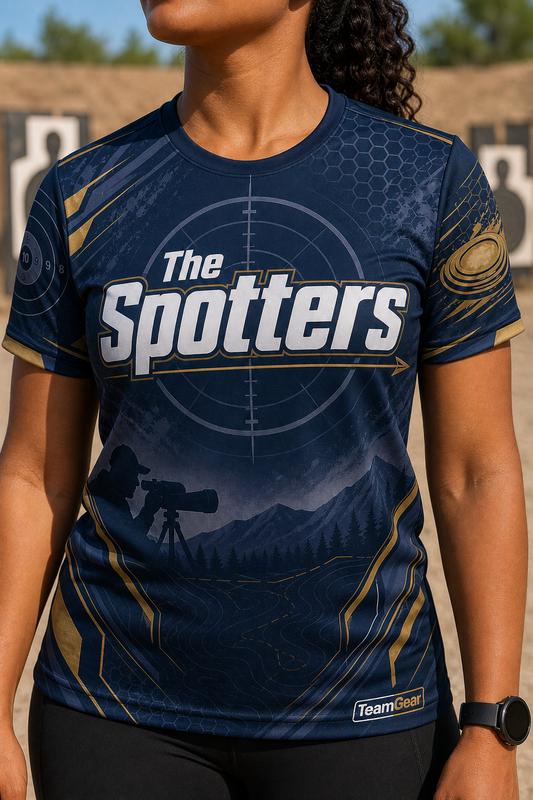 The Spotters Navy Shooting Jersey — custom shooting jersey worn on model — TeamGear Canada