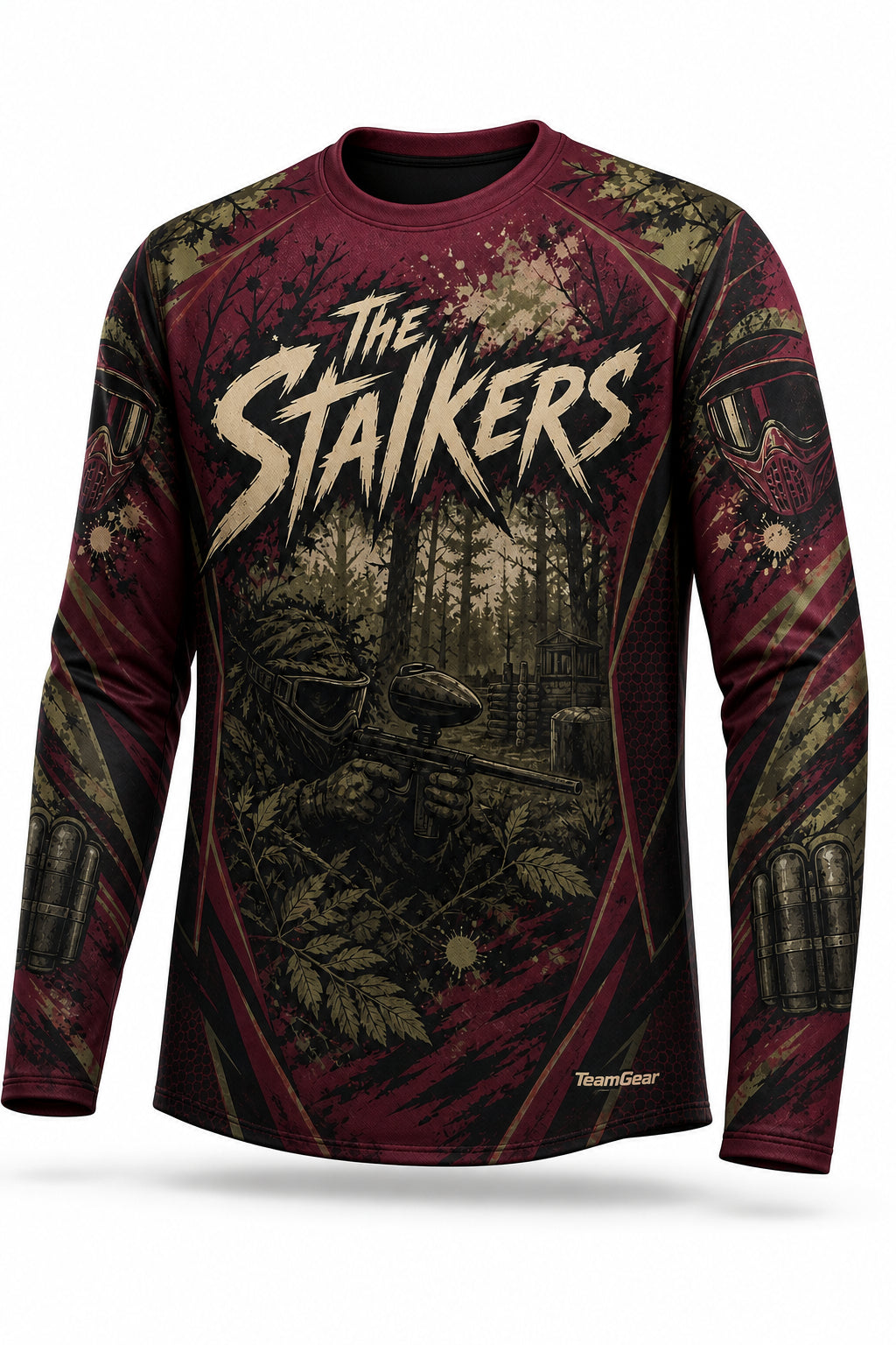 The Stalkers Maroon Long Sleeve Paintball Jersey - front and back view