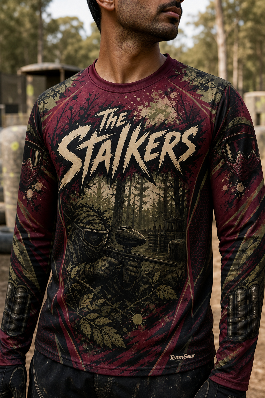 The Stalkers Maroon Long Sleeve Paintball Jersey — custom paintball jersey worn on model — TeamGear Canada