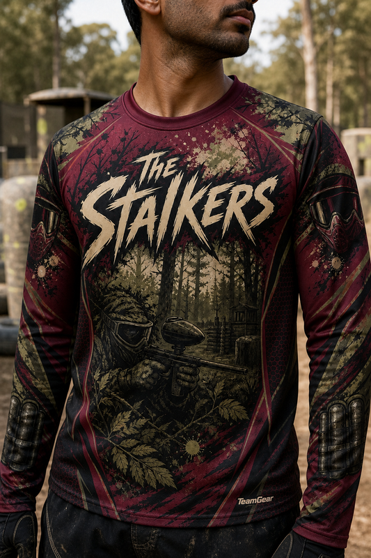The Stalkers Maroon Long Sleeve Paintball Jersey — custom paintball jersey worn on model — TeamGear Canada