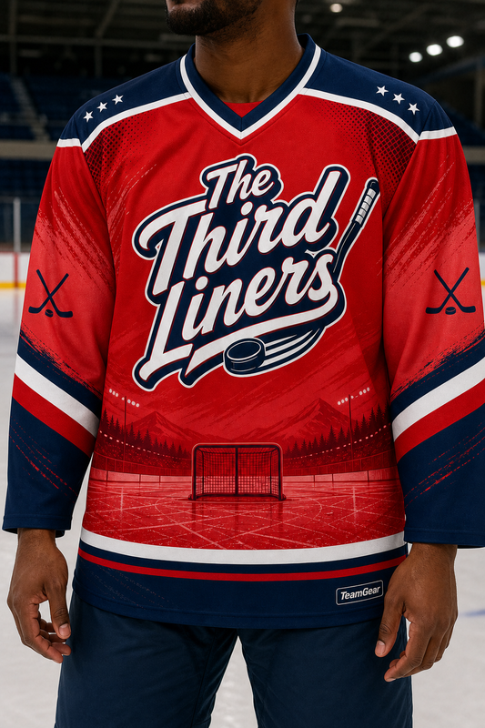 The Third Liners Red Hockey Jersey — custom hockey jersey worn on model — TeamGear Canada