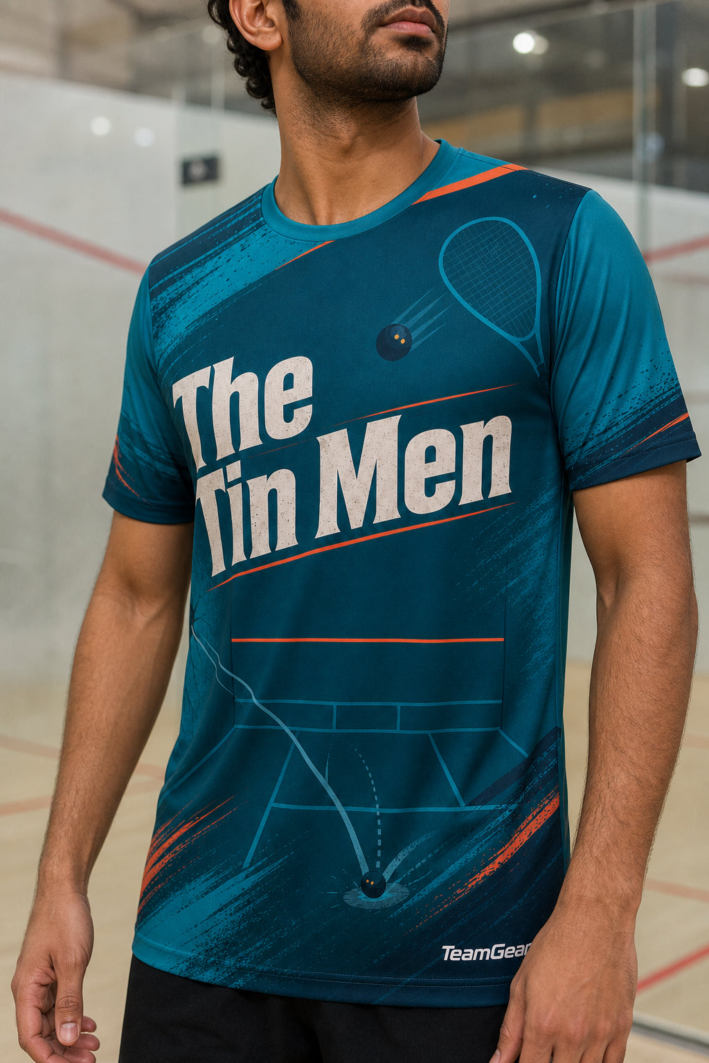 The Tin Men Teal Squash Jersey — custom squash jersey worn on model — TeamGear Canada