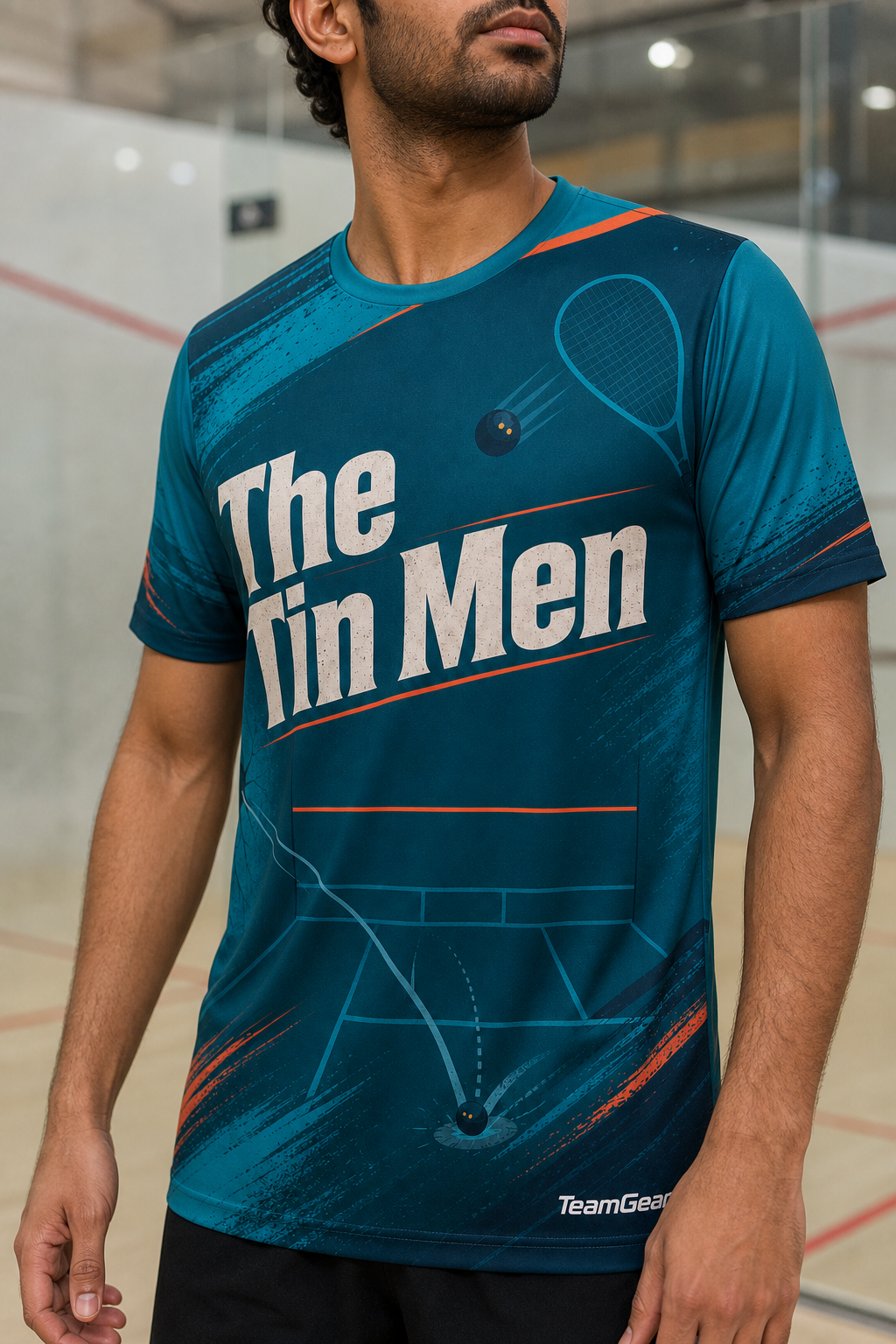 The Tin Men Teal Squash Jersey — custom squash jersey worn on model — TeamGear Canada