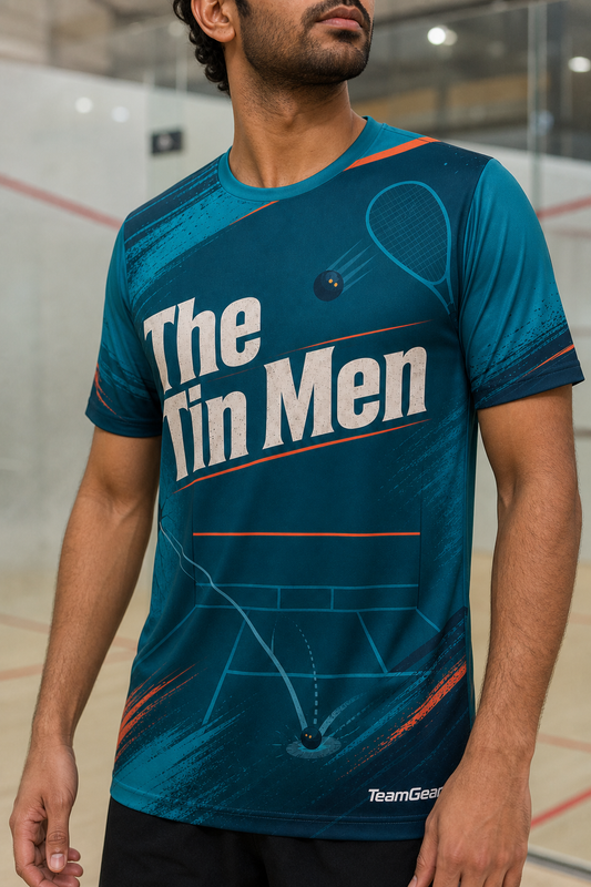 The Tin Men Teal Squash Jersey — custom squash jersey worn on model — TeamGear Canada
