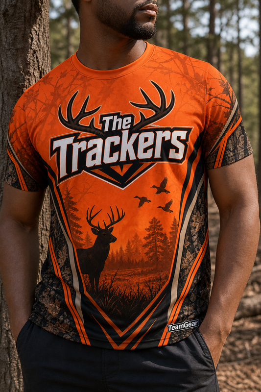 The Trackers Orange Hunting Jersey — custom hunting jersey worn on model — TeamGear Canada