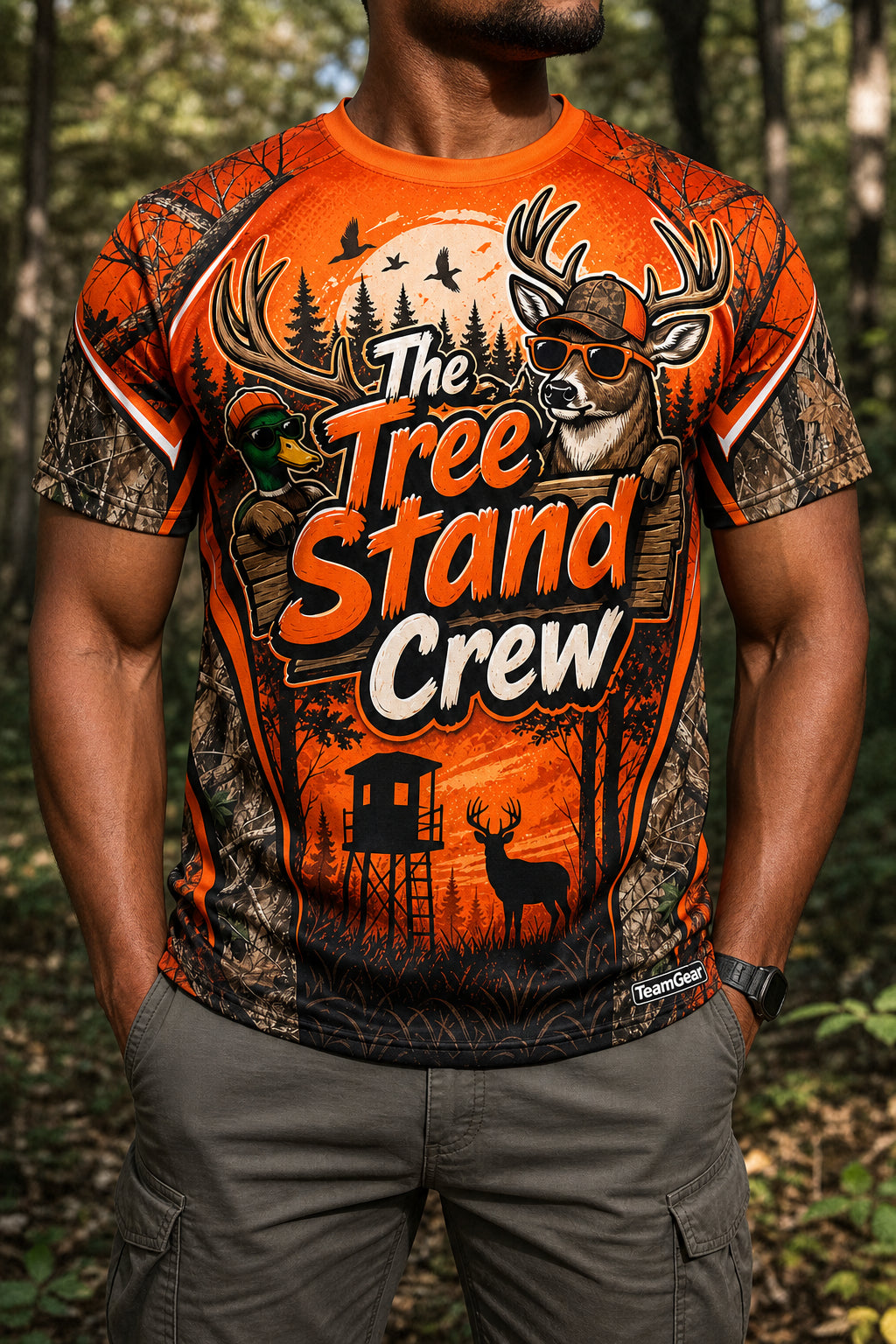 The Tree Stand Crew Orange Hunting Jersey — custom hunting jersey worn on model — TeamGear Canada