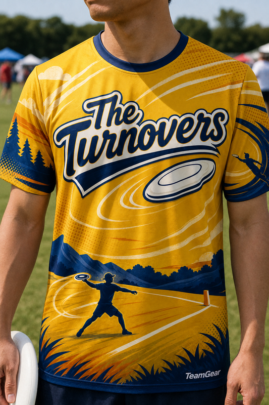 The Turnovers Gold Ultimate Frisbee Jersey — custom ultimate frisbee jersey worn on model — TeamGear Canada