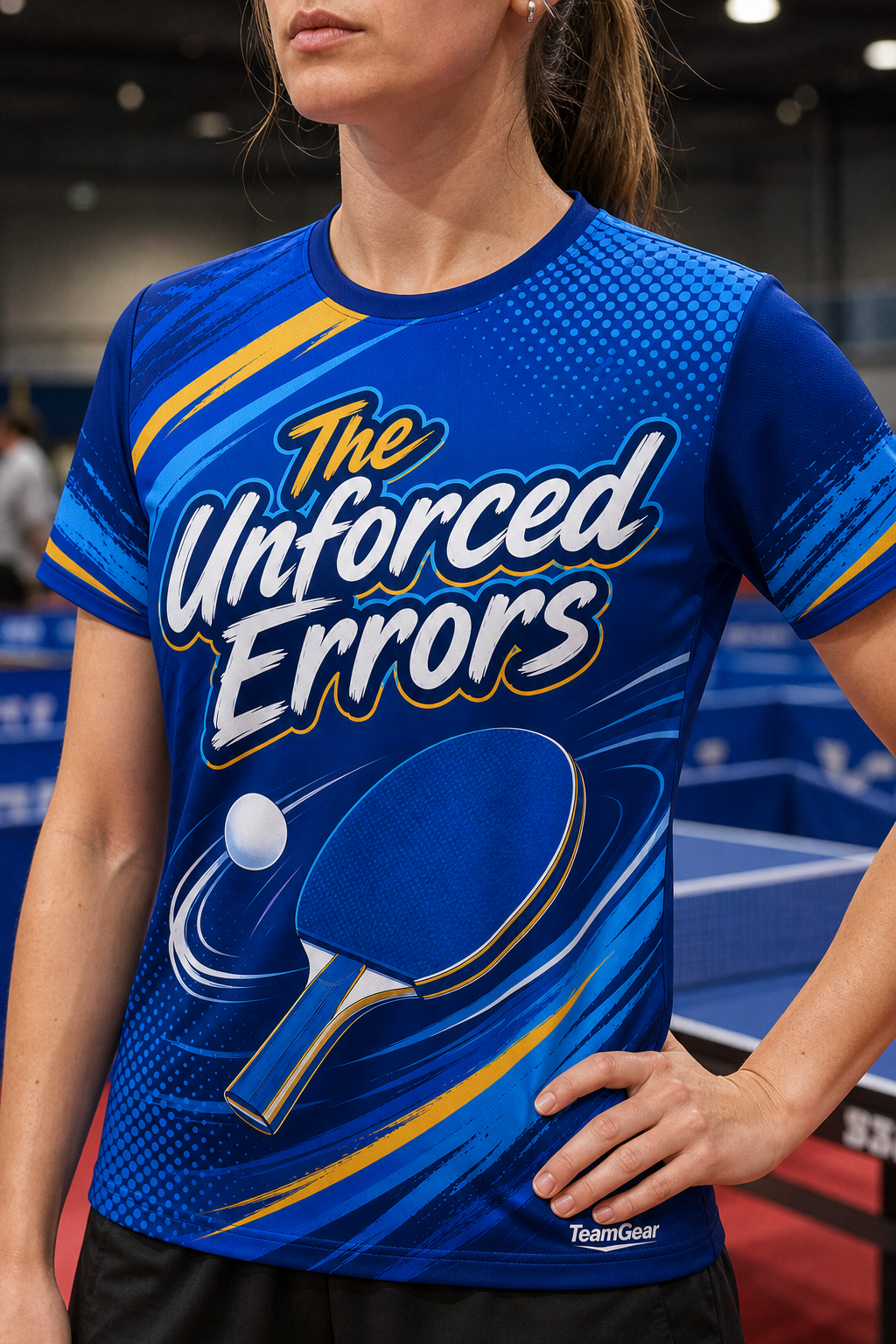 The Unforced Errors Blue Table Tennis Jersey — custom table tennis jersey worn on model — TeamGear Canada
