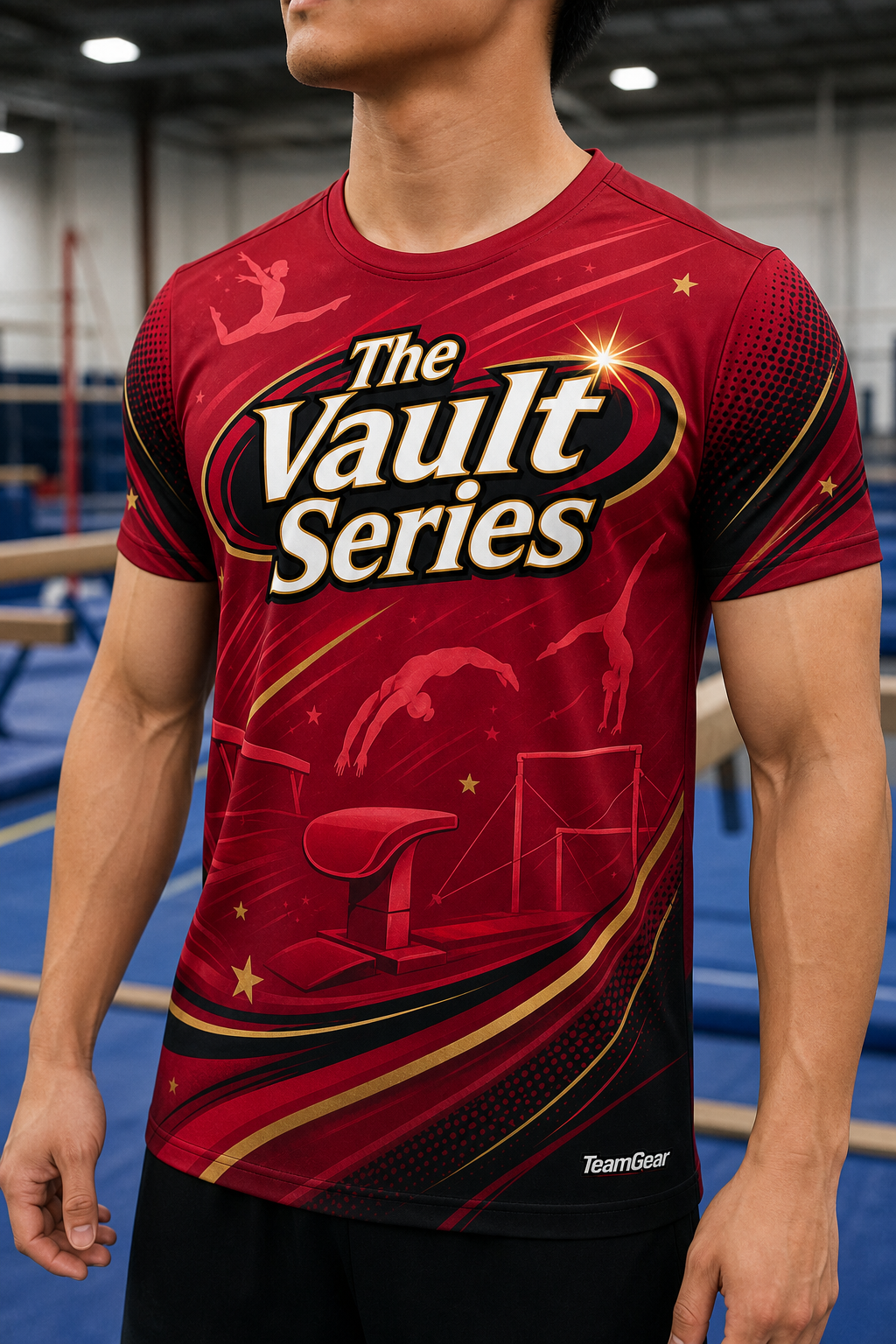 The Vault Series Crimson Gymnastics Jersey — custom gymnastics jersey worn on model — TeamGear Canada