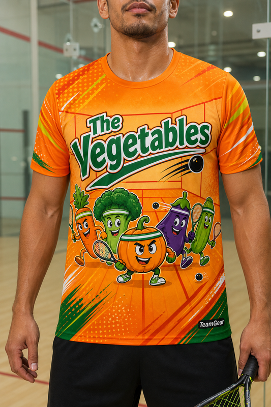 The Vegetables Orange Squash Jersey — custom squash jersey worn on model — TeamGear Canada