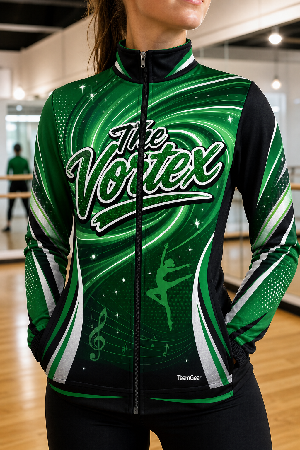 The Vortex Green Dance Jacket — custom dance jacket worn on model — TeamGear Canada