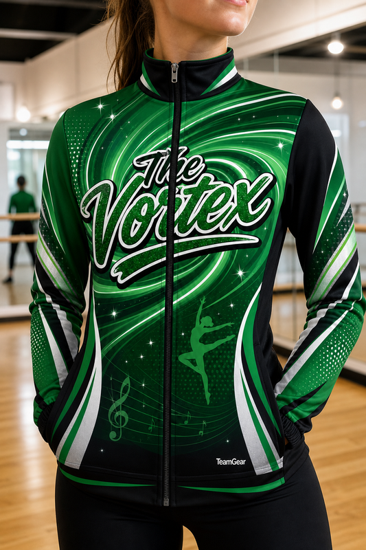 The Vortex Green Dance Jacket — custom dance jacket worn on model — TeamGear Canada