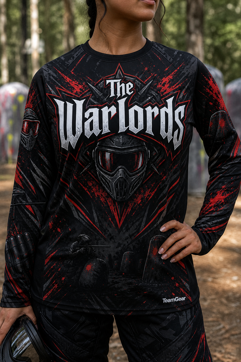 The Warlords Black Long Sleeve Paintball Jersey — custom paintball jersey worn on model — TeamGear Canada