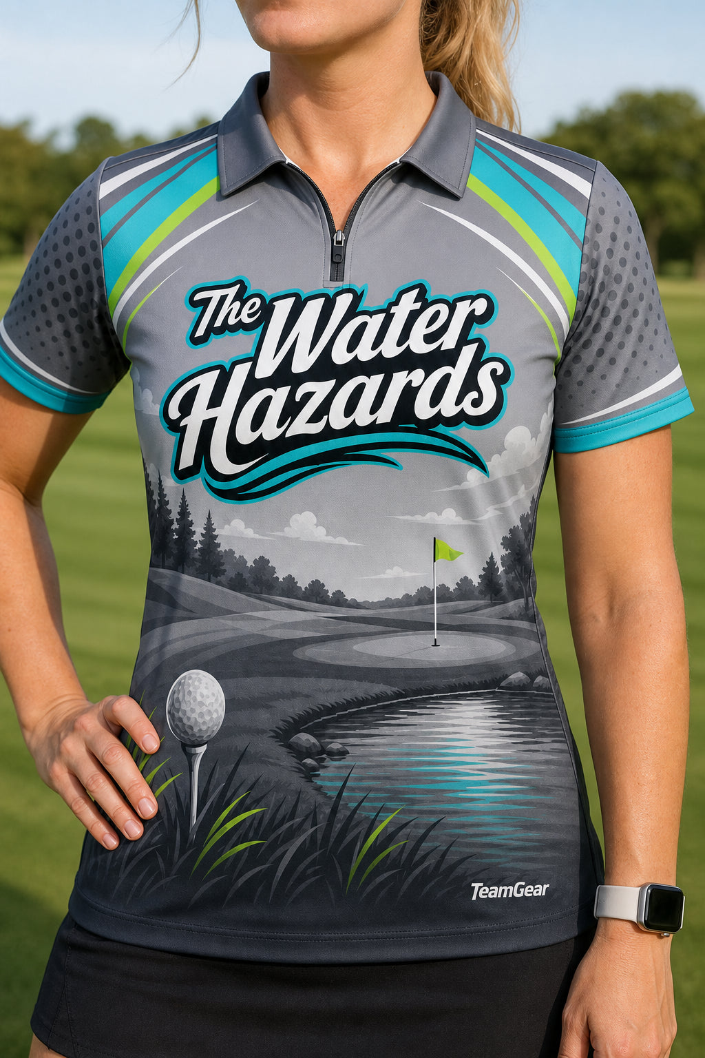 The Water Hazards Grey Golf Polo — custom golf team apparel worn on model — TeamGear Canada