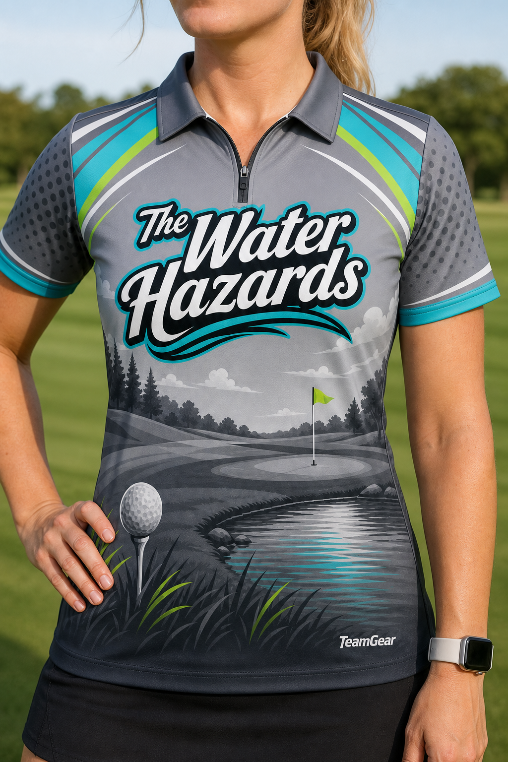 The Water Hazards Grey Golf Polo — custom golf team apparel worn on model — TeamGear Canada