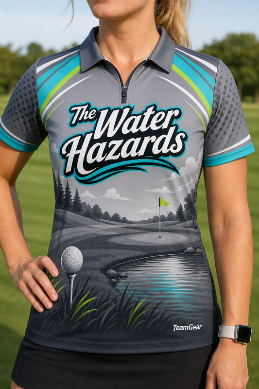 The Water Hazards Grey Golf Polo — custom golf team apparel worn on model — TeamGear Canada