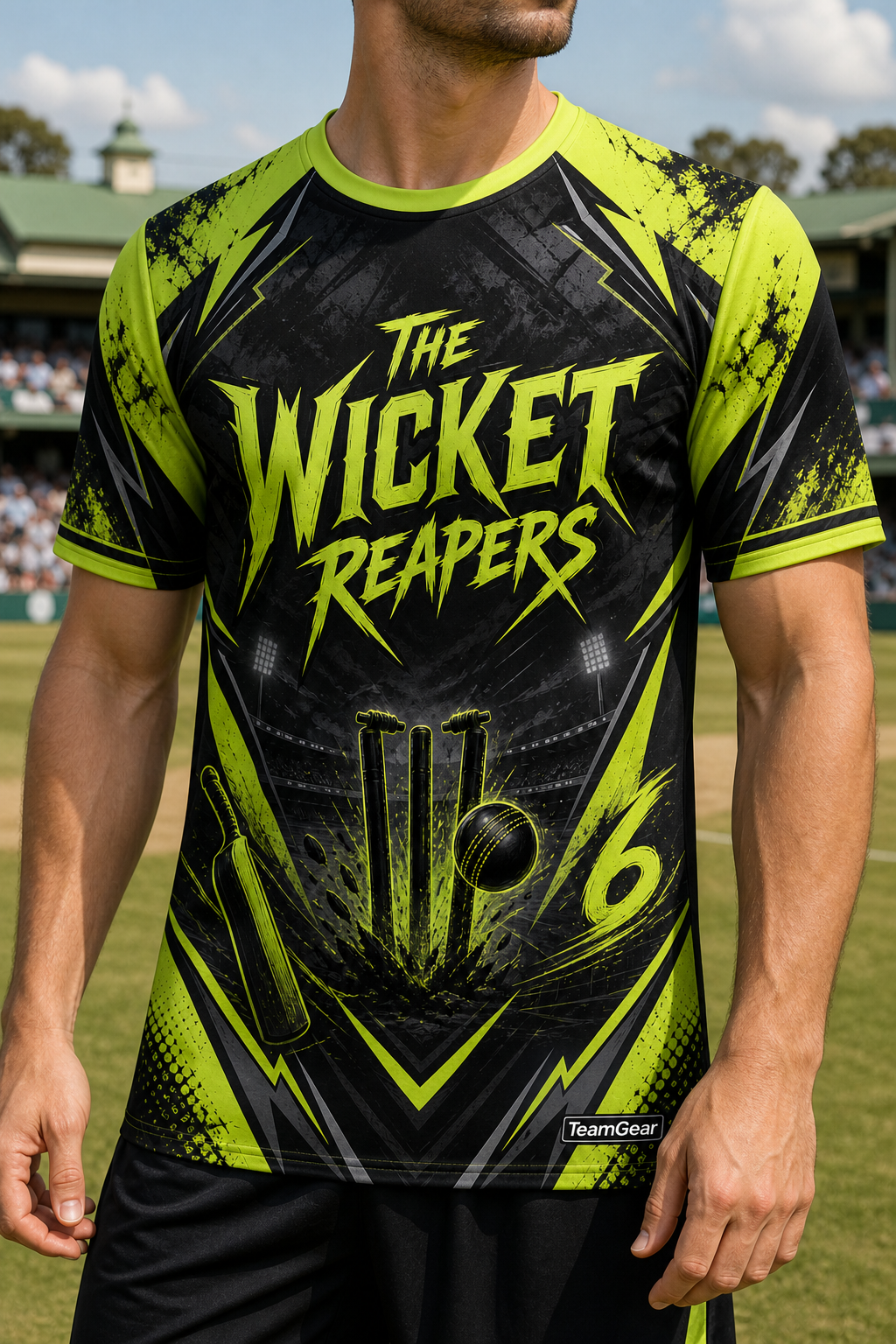 The Wicket Reapers Lime Cricket Jersey — custom cricket jersey worn on model — TeamGear Canada