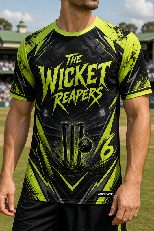 The Wicket Reapers Lime Cricket Jersey — custom cricket jersey worn on model — TeamGear Canada