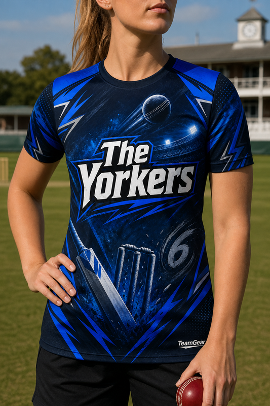 The Yorkers Blue Cricket Jersey — custom cricket jersey worn on model — TeamGear Canada