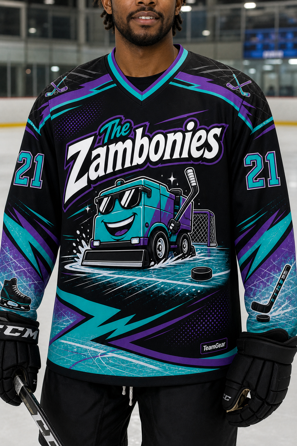 The Zambonies Black Hockey Jersey — custom hockey jersey worn on model — TeamGear Canada