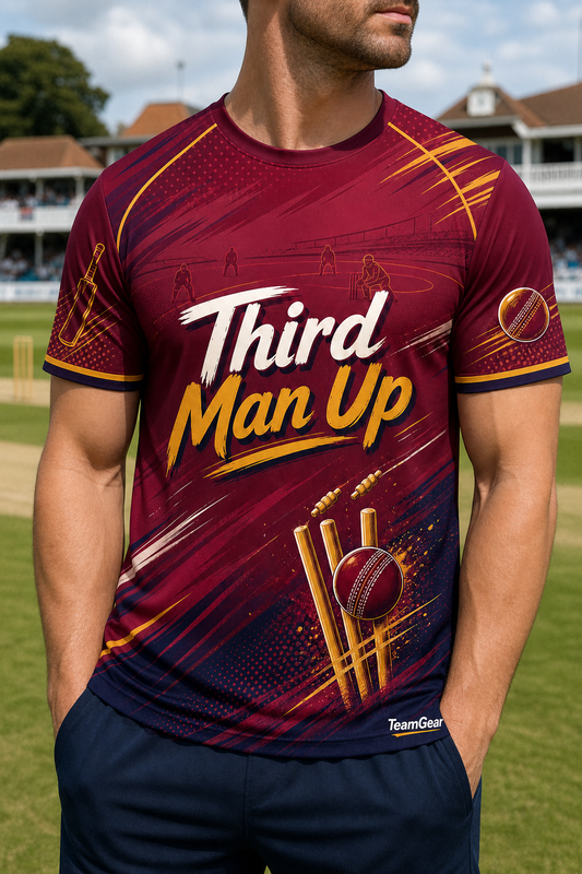 Third Man Up Maroon Cricket Jersey — custom cricket jersey worn on model — TeamGear Canada
